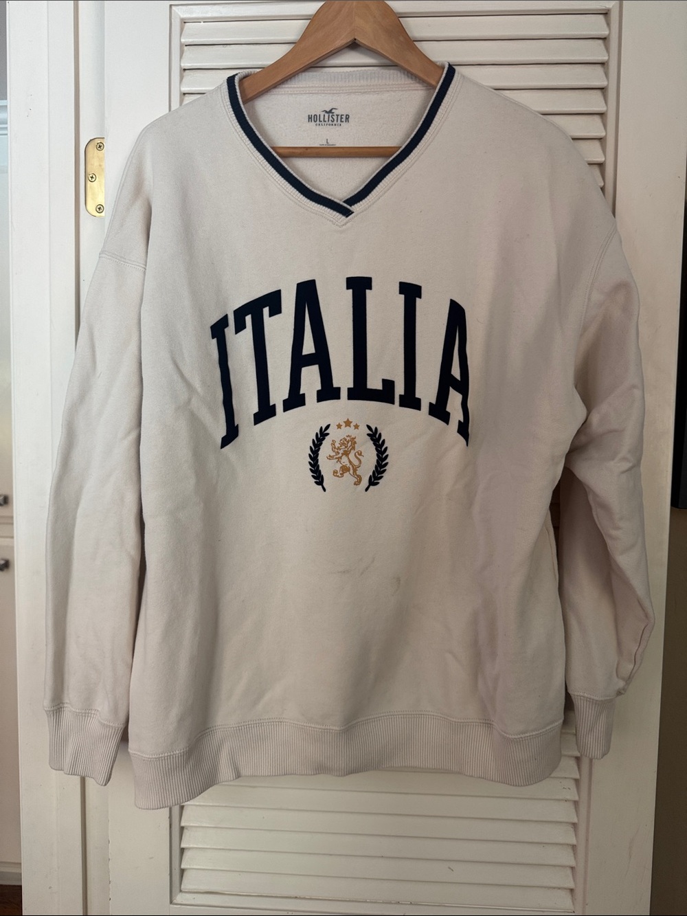 Hollister Cream V-Neck Sweater with 'Italia' graphic